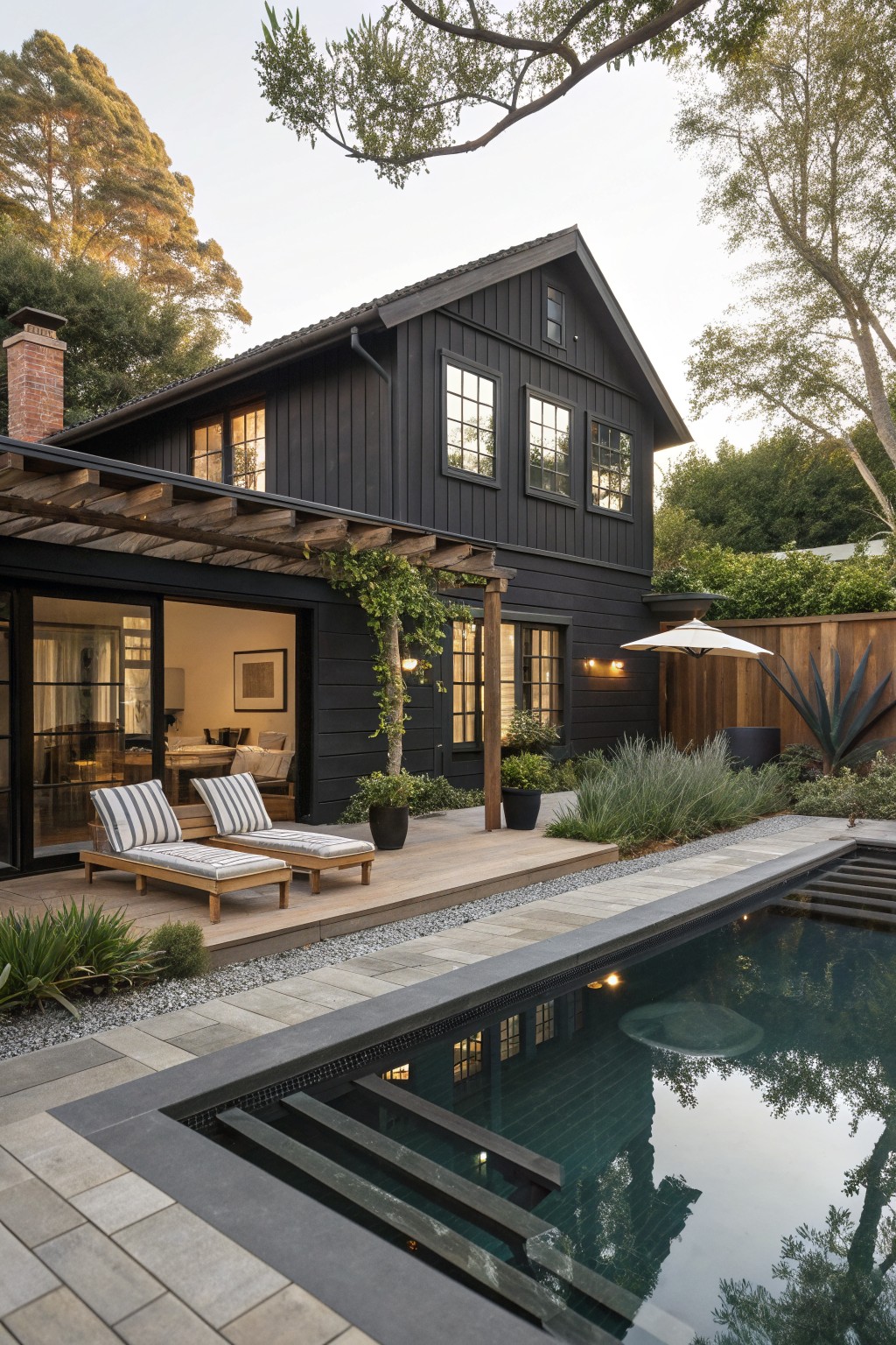 A two-story black farmhouse with wood pergola and deck, two striped lounge chairs on the patio, and a rectangular pool in the foreground.