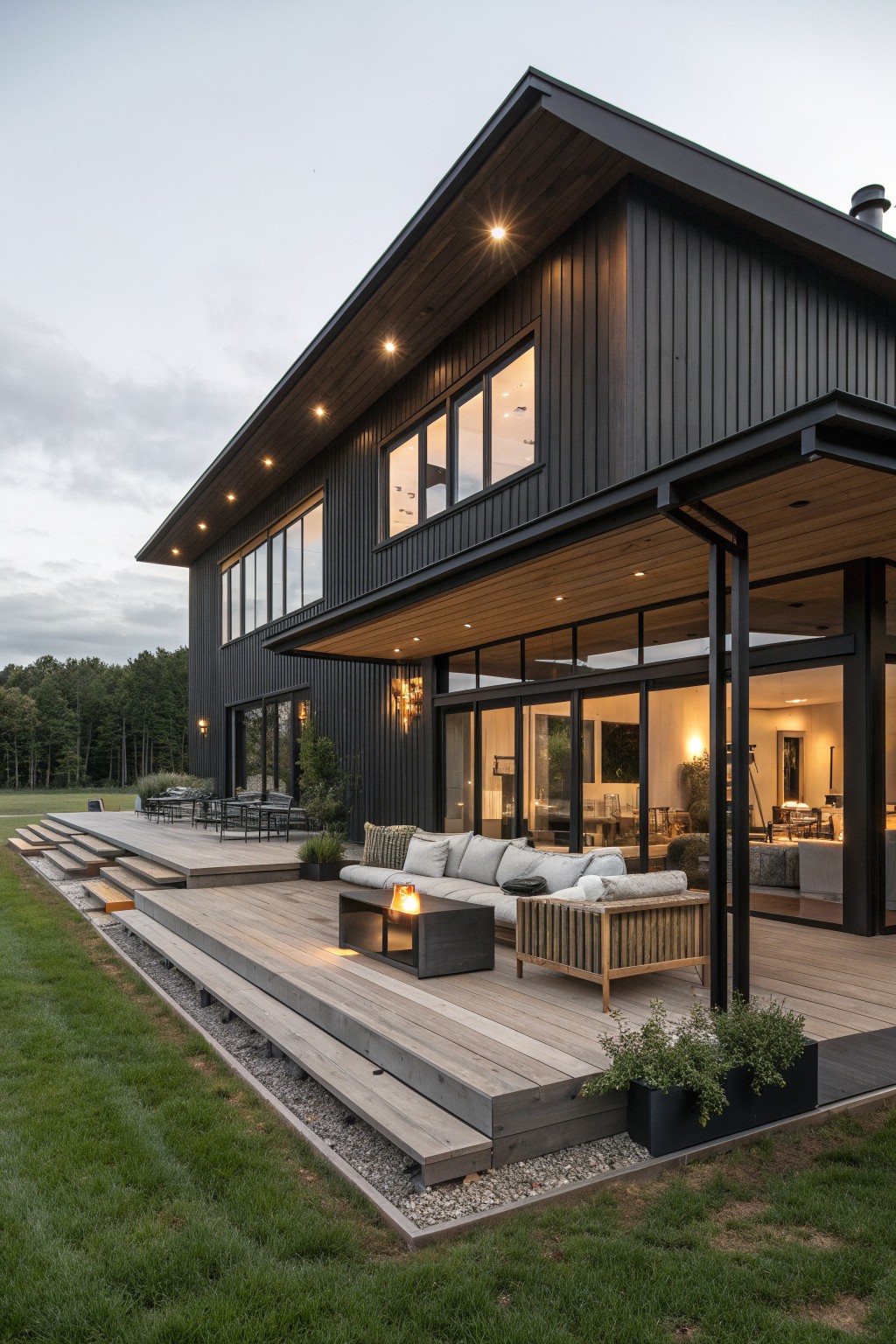 Modern black house with large wooden deck, outdoor sofa, and glowing windows at dusk.