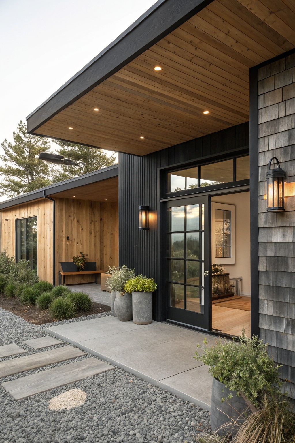 Modern farmhouse exterior with black vertical siding, wood paneling, a covered entry porch, black-framed glass doors, and concrete pavers leading to the front.