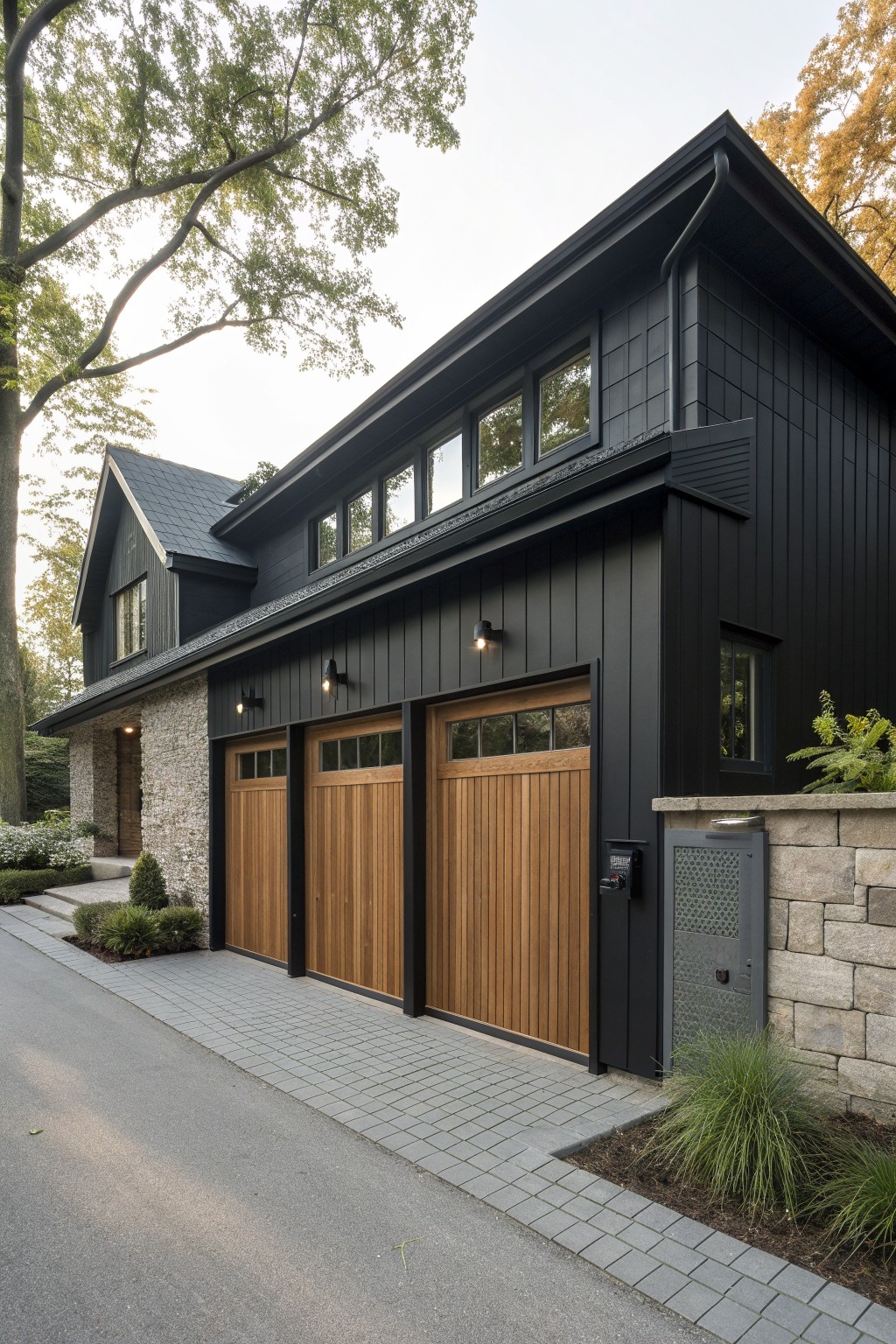 A modern black farmhouse exterior with three wood garage doors, horizontal windows above them, and a stone wall on the right.