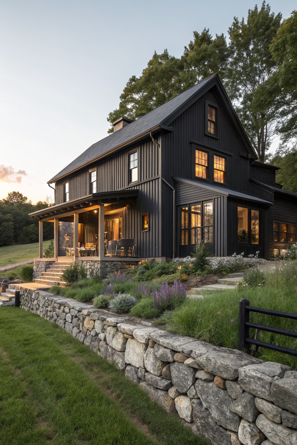 A two-story black vertical-sided farmhouse with a stone foundation, multiple illuminated windows, and a low stone retaining wall in the foreground.