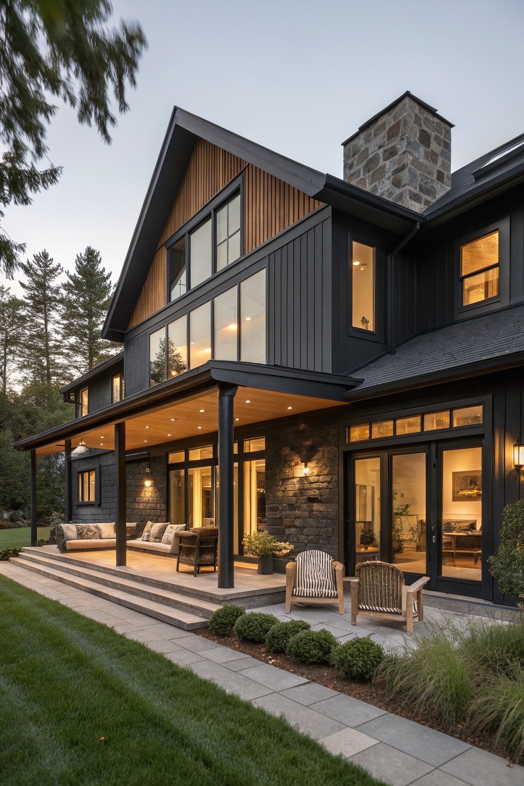 A two-story modern farmhouse with black siding, vertical wood panels on the upper gables, a stone chimney, and a covered porch with outdoor seating.