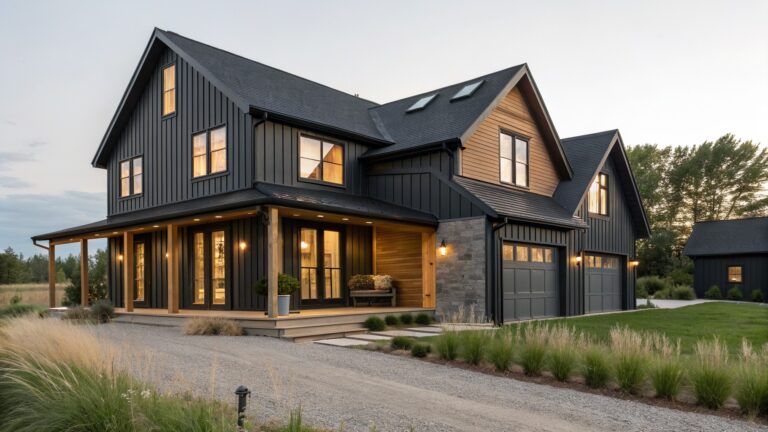 A two-story modern farmhouse with black vertical siding, wood garage doors, and a covered entry porch with steps leading up from a gravel driveway.