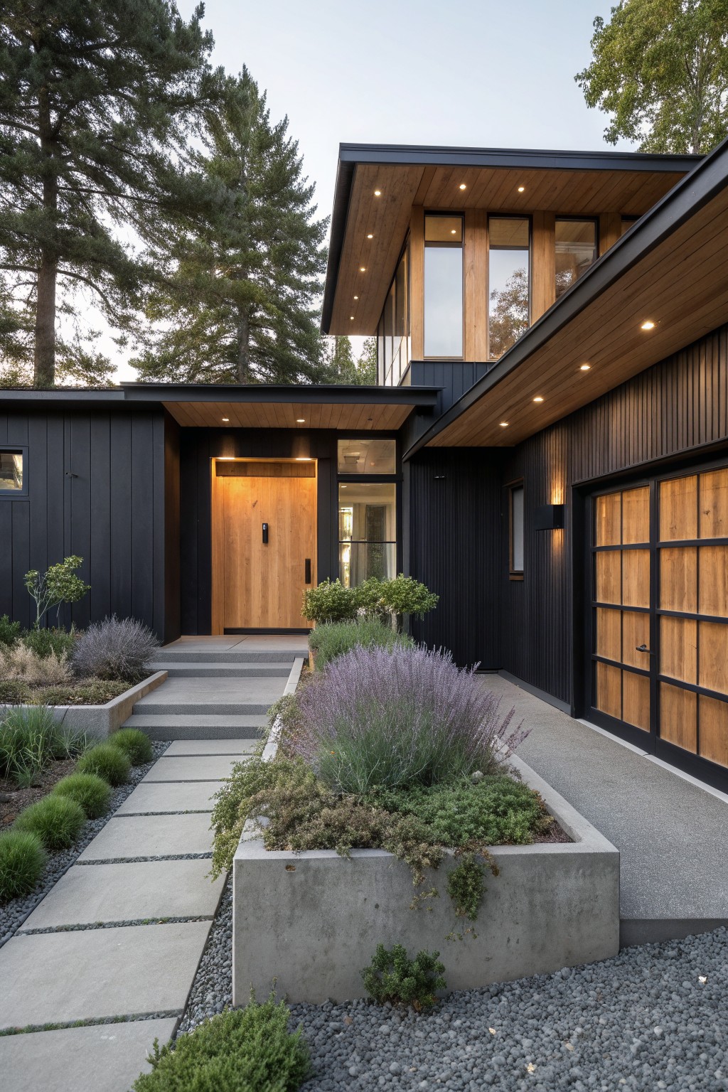 A modern house with black siding, wood front door and garage door, wood ceiling details, concrete steps, and a concrete planter with landscaping.