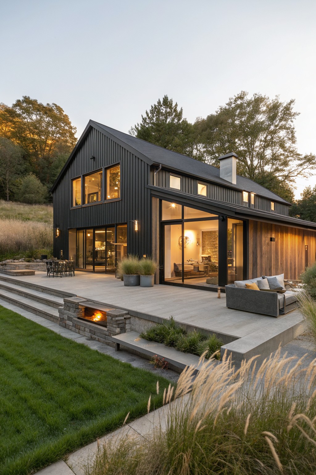 Modern black barn house with large windows, wooden deck, outdoor seating, and fire pit.
