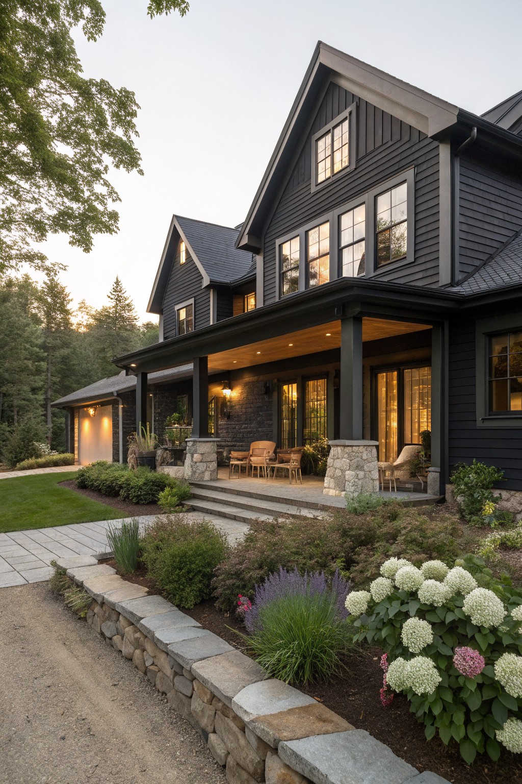 A large modern farmhouse with black siding, a covered porch featuring wood ceiling panels and stone pillars, multiple windows, and landscaping with stone edging in the foreground.
