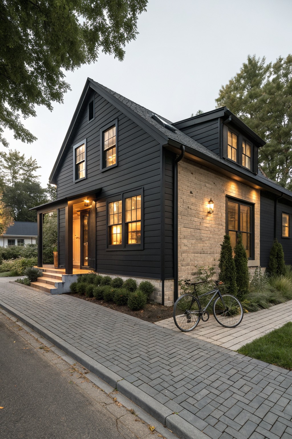 Dark modern house with lit windows and bicycle on brick walkway at dusk