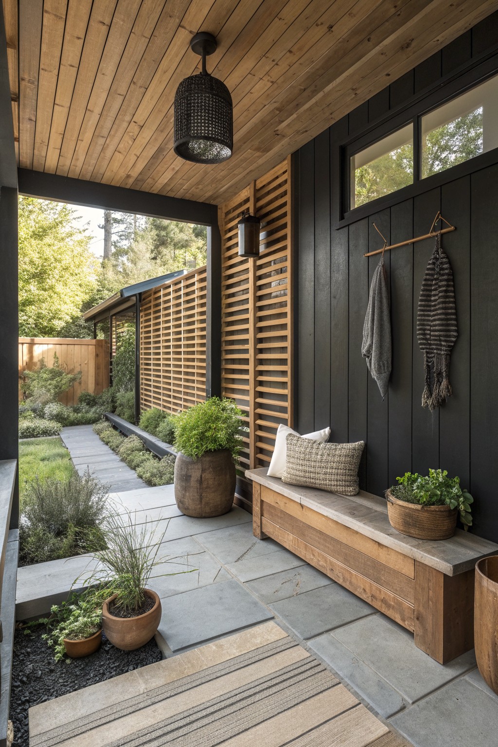 A covered porch with black vertical siding shows a long wooden bench with pillows, potted plants, and hanging textiles under a wood ceiling.