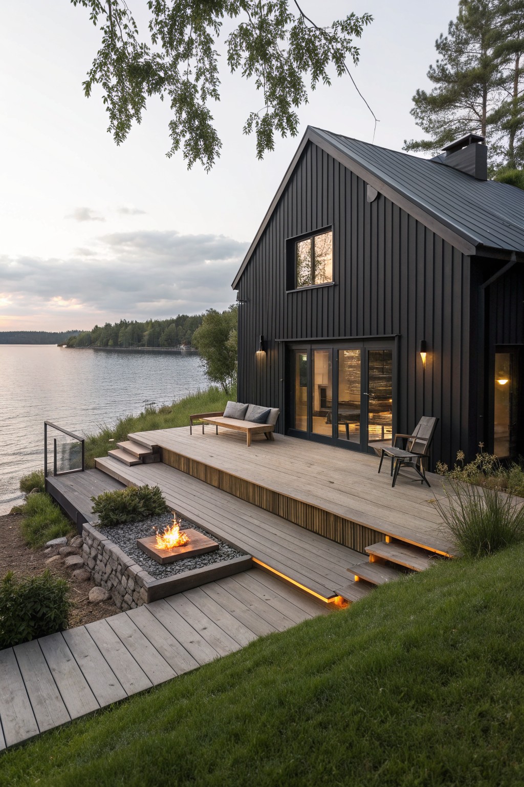 Modern black lakeside home with wooden deck, fire pit, and glowing steps