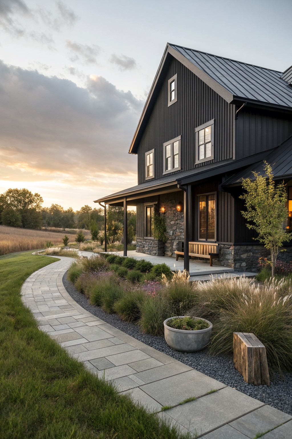 Modern black farmhouse with stone porch along curved pathway in landscaped garden at dusk