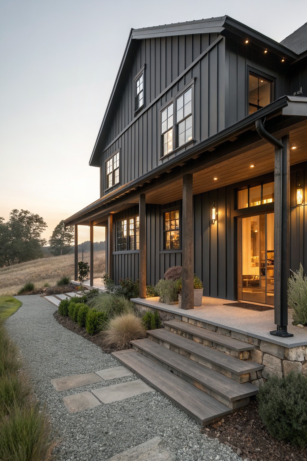 Dark modern house with wooden porch, stone steps, gravel path, and hillside view.