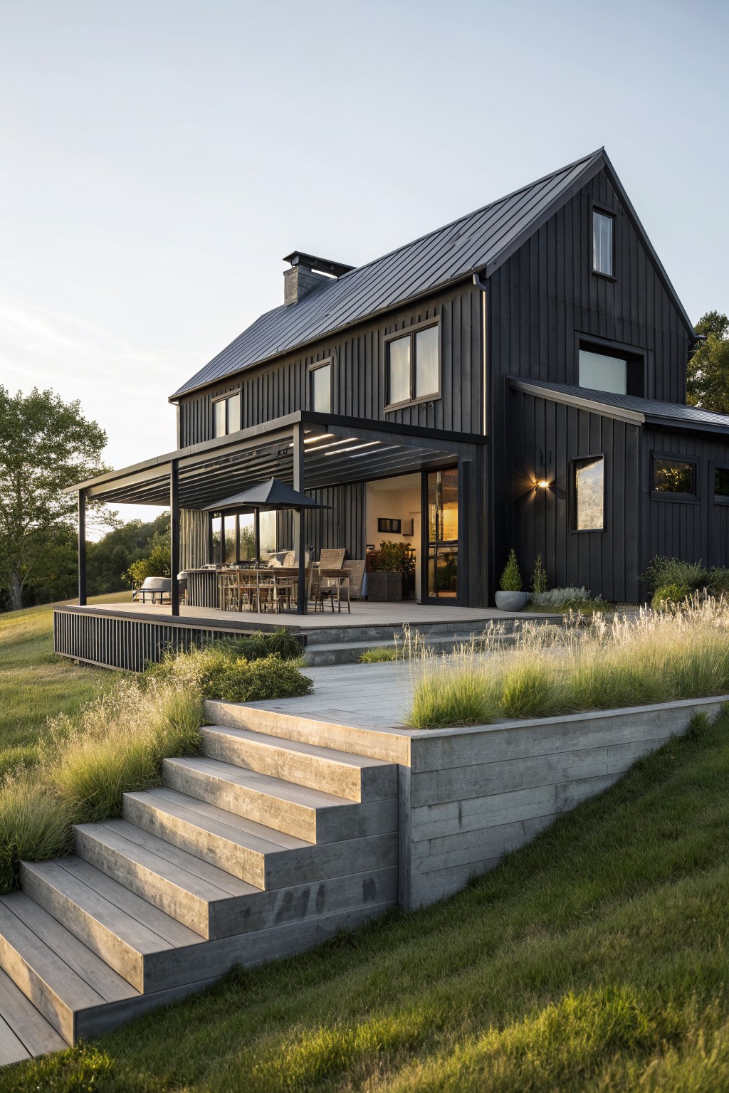 A modern dark farmhouse with vertical black siding, a metal roof, and a large covered deck with steps leading to a grassy yard.