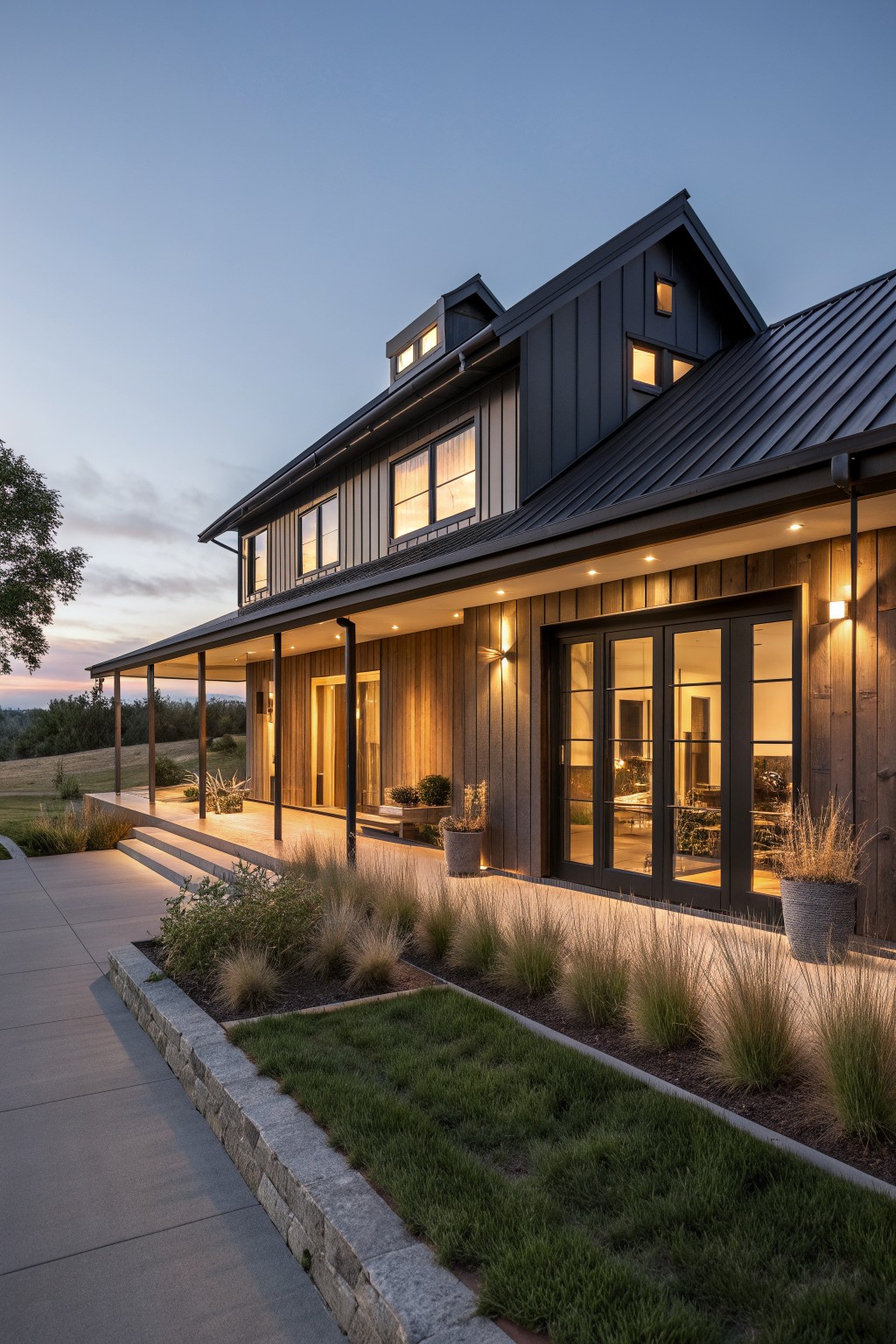 A dark modern farmhouse exterior at dusk with black siding, a metal roof, wood accents, and lit windows.