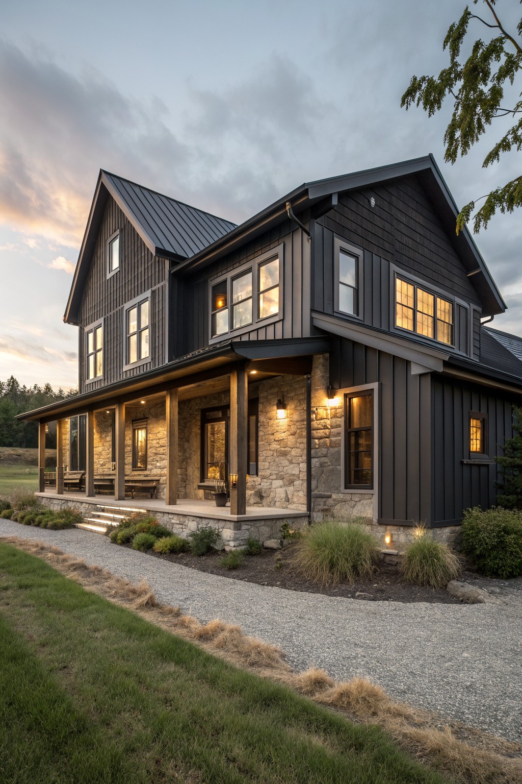 A two-story dark gray farmhouse with black metal roof, stone foundation, covered porch, and gravel driveway at dusk.