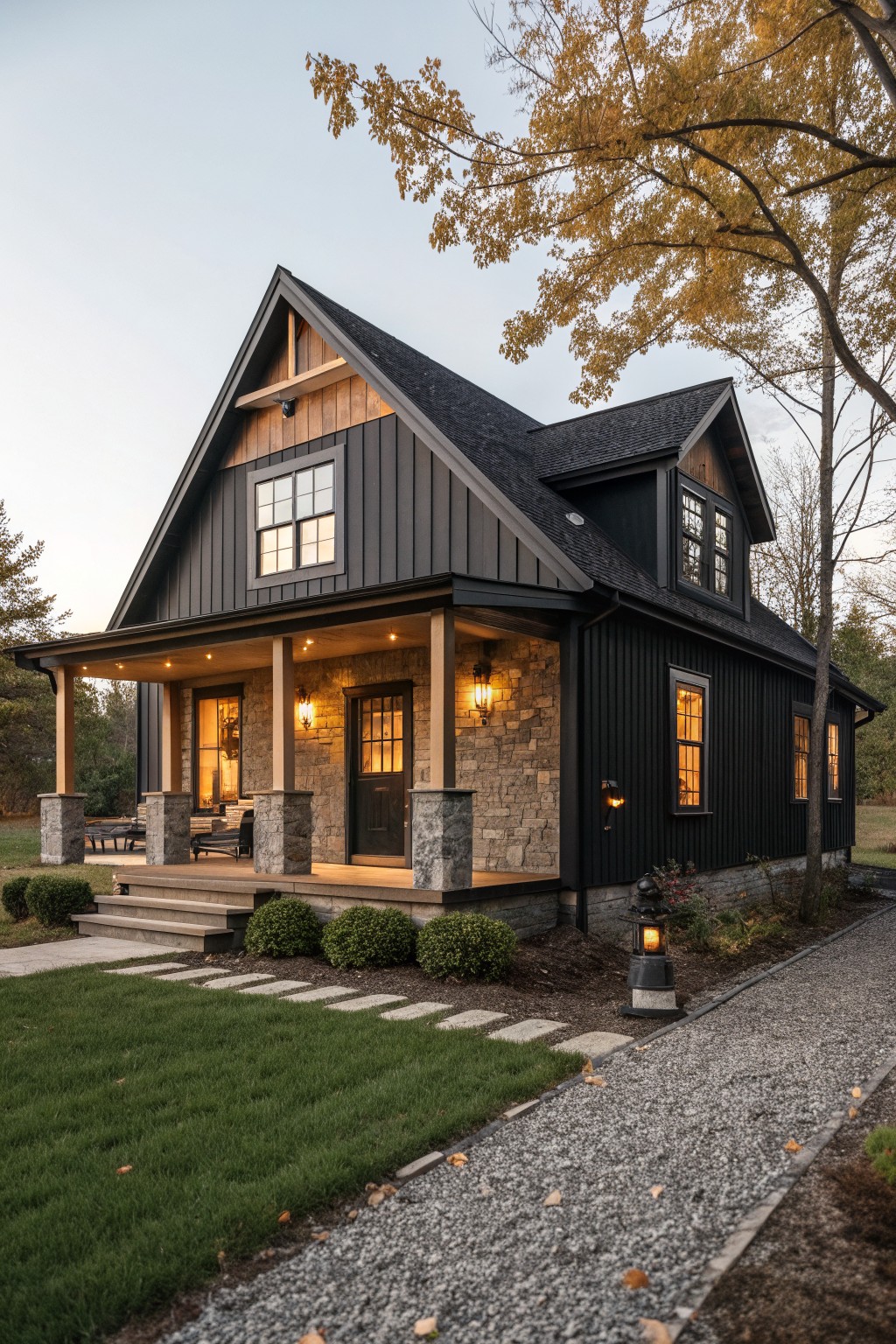 A dark two-story farmhouse with black siding, stone accents on the porch, and a gabled roof shown from the front at dusk.