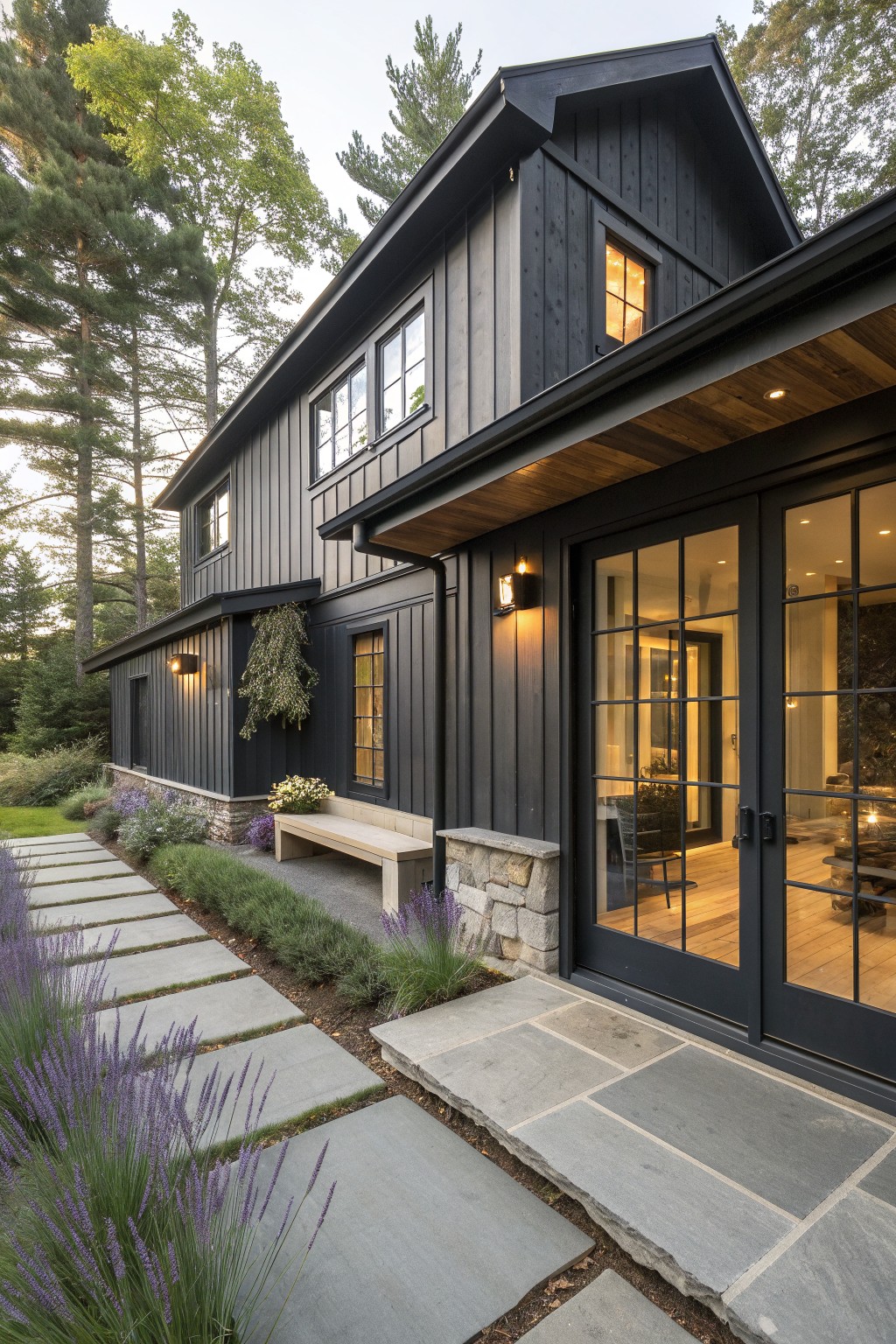 A dark gray farmhouse exterior with vertical siding, black-framed windows and doors, a stone foundation, and a stone pathway with lavender and other plants along the side.
