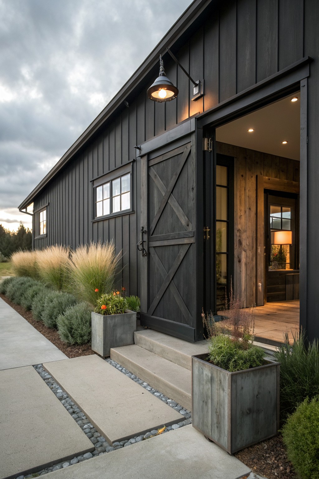 A modern dark farmhouse exterior featuring black vertical siding, a large barn-style door, concrete steps, and gray planters with greenery along the walkway.