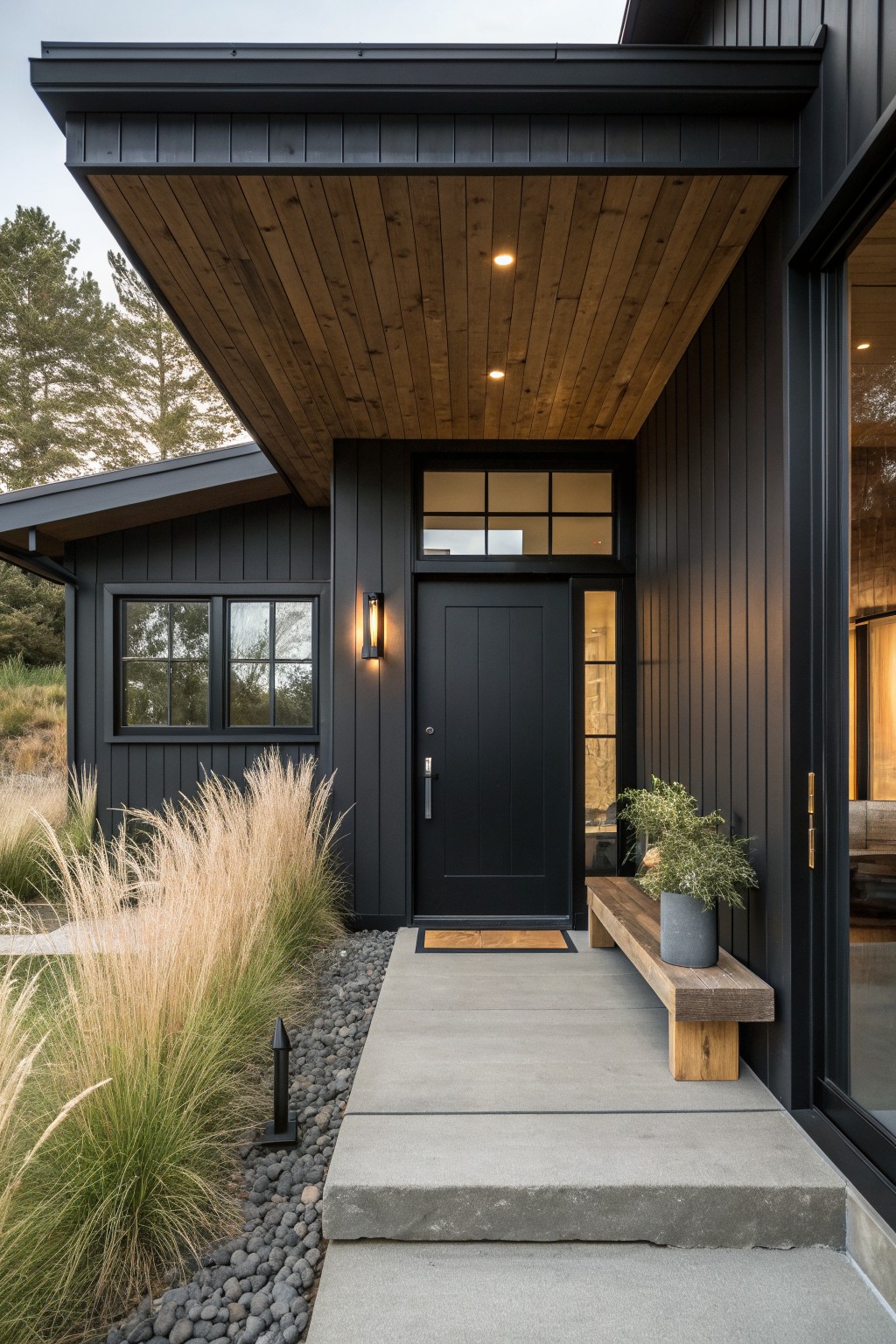 Modern black house entrance with wooden bench, potted plant, and concrete steps