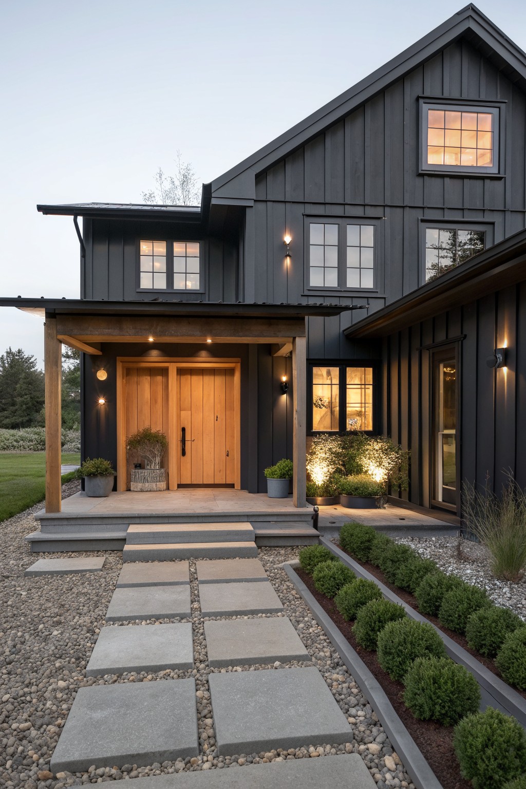 A two-story dark gray house with a covered porch, light wood double doors, and concrete steps leading from a gravel walkway.