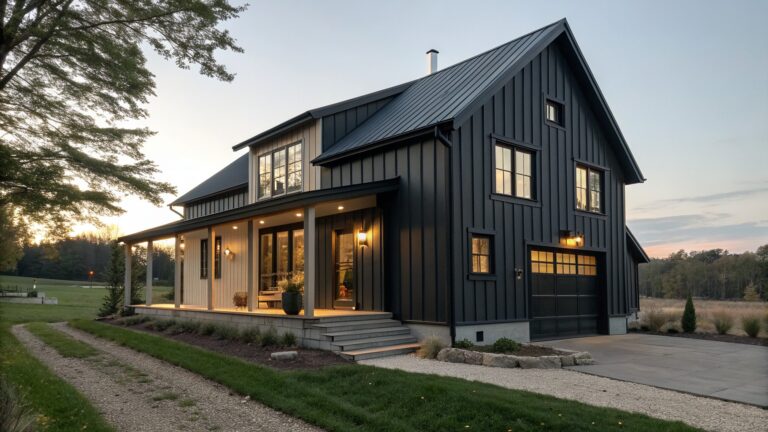 Dark modern house with wooden porch, stone steps, gravel path, and hillside view.