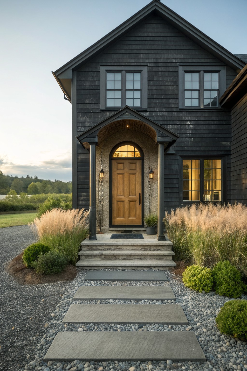 Dark wooden house with arched brick entry, wooden door, stone steps and ornamental grasses.