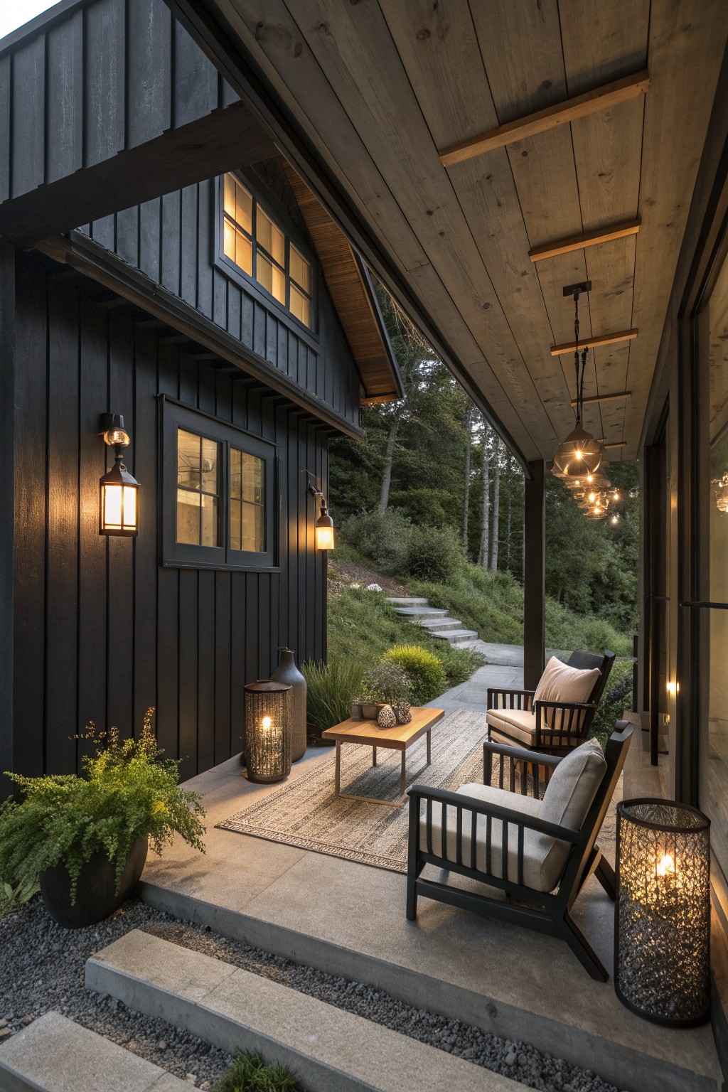 A dark wooden house exterior with a covered porch showing two cushioned armchairs, a low table on a woven rug, several lit lanterns, and hanging globe lights at dusk.
