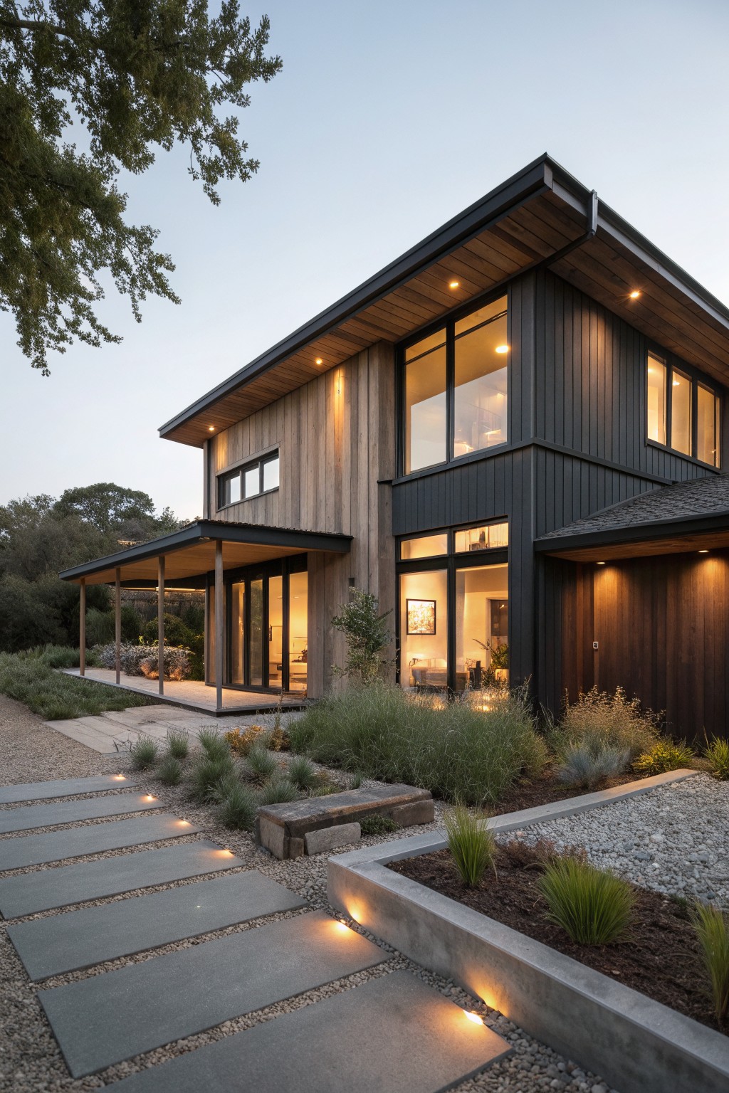 A modern two-story farmhouse exterior at dusk with dark vertical siding, sections of natural wood cladding, large black-framed windows, a covered entry, and concrete pavers with gravel and low plantings in the foreground.