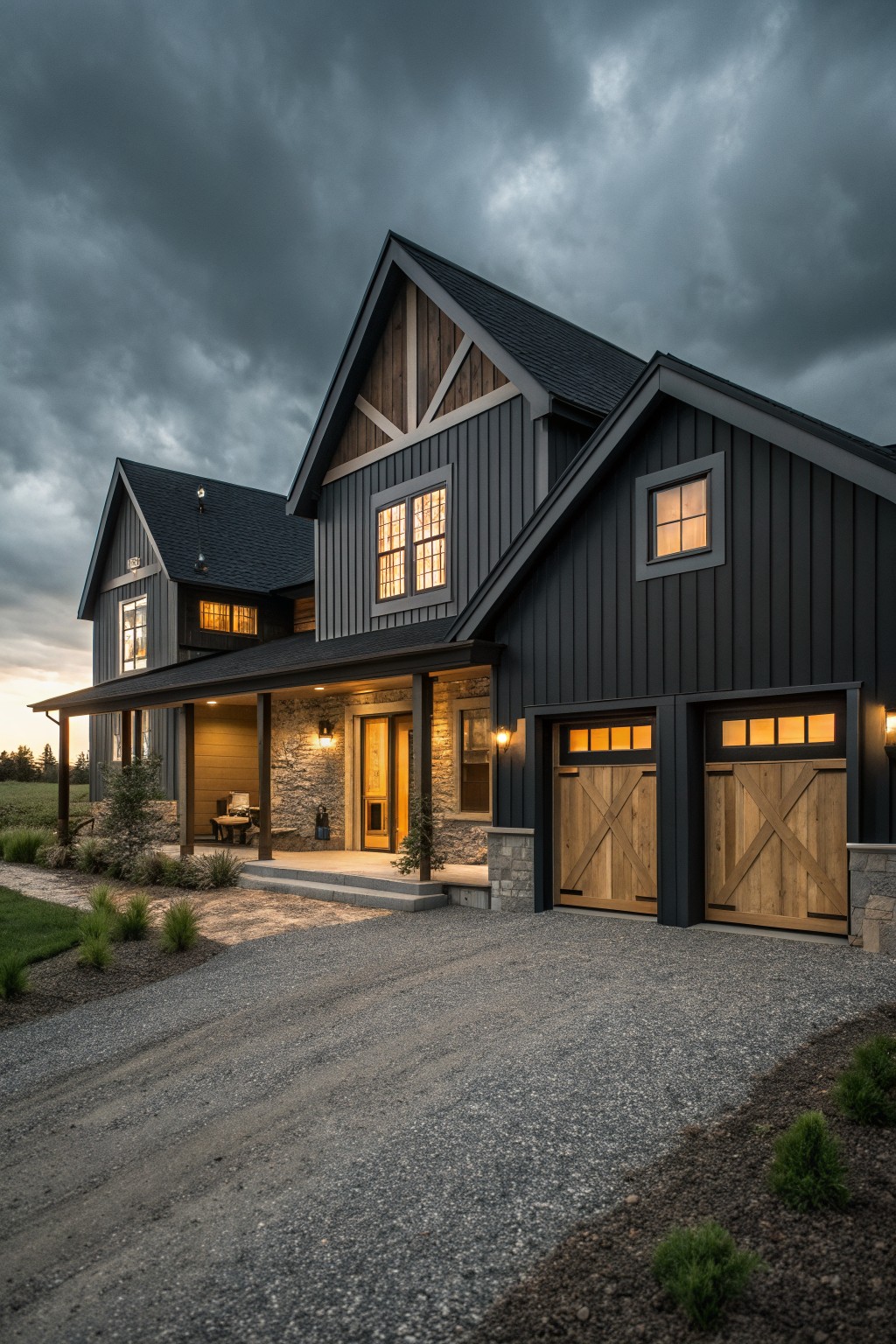 A two-story dark gray farmhouse exterior with wooden garage doors, stone accents, and lit windows under a cloudy sky.