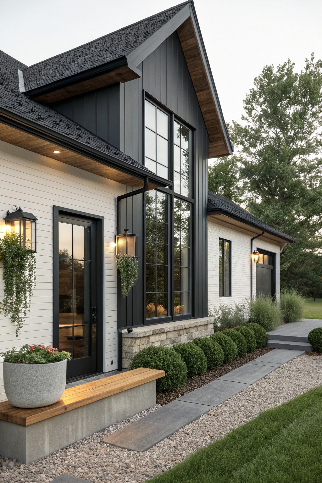 Modern farmhouse exterior showing white horizontal siding next to dark vertical board and batten, large black-framed windows, black door, and a concrete bench with a round planter in the foreground.