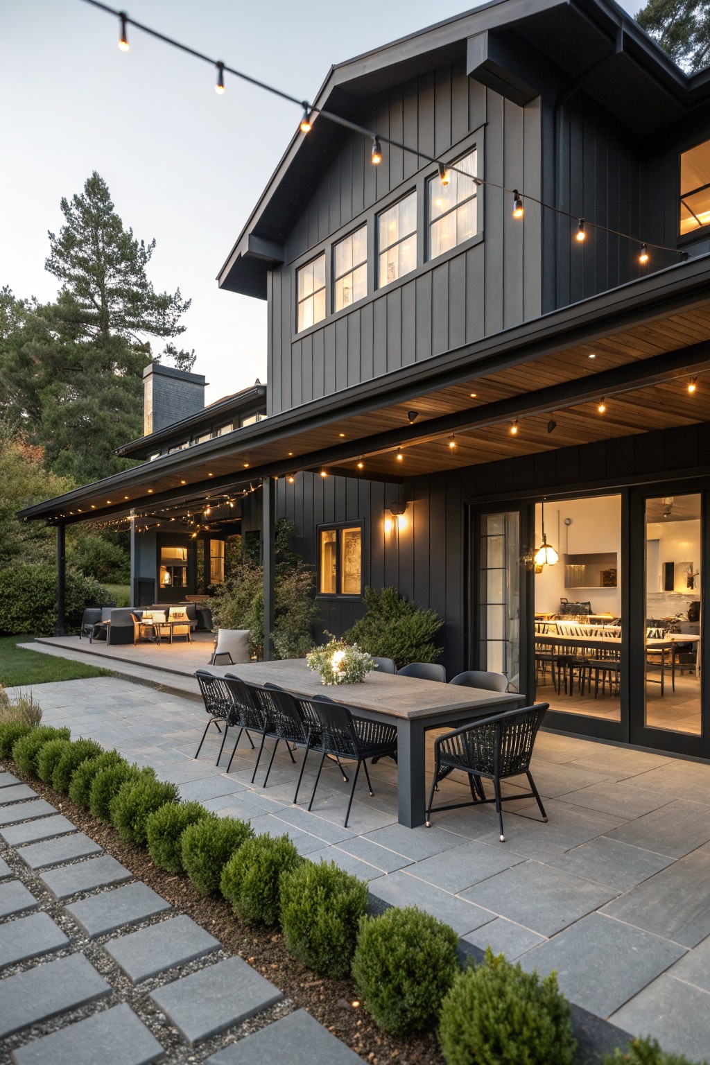 A dark farmhouse exterior with a stone patio holding a long dining table and black chairs, string lights above, and open doors showing the interior.