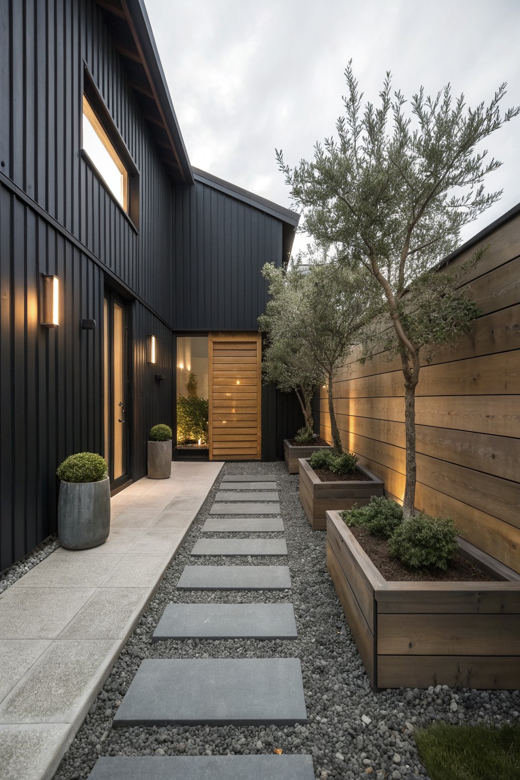 A dark modern farmhouse side exterior with vertical black siding, a gravel path of rectangular gray stepping stones, and raised wooden planters holding small trees and shrubs.