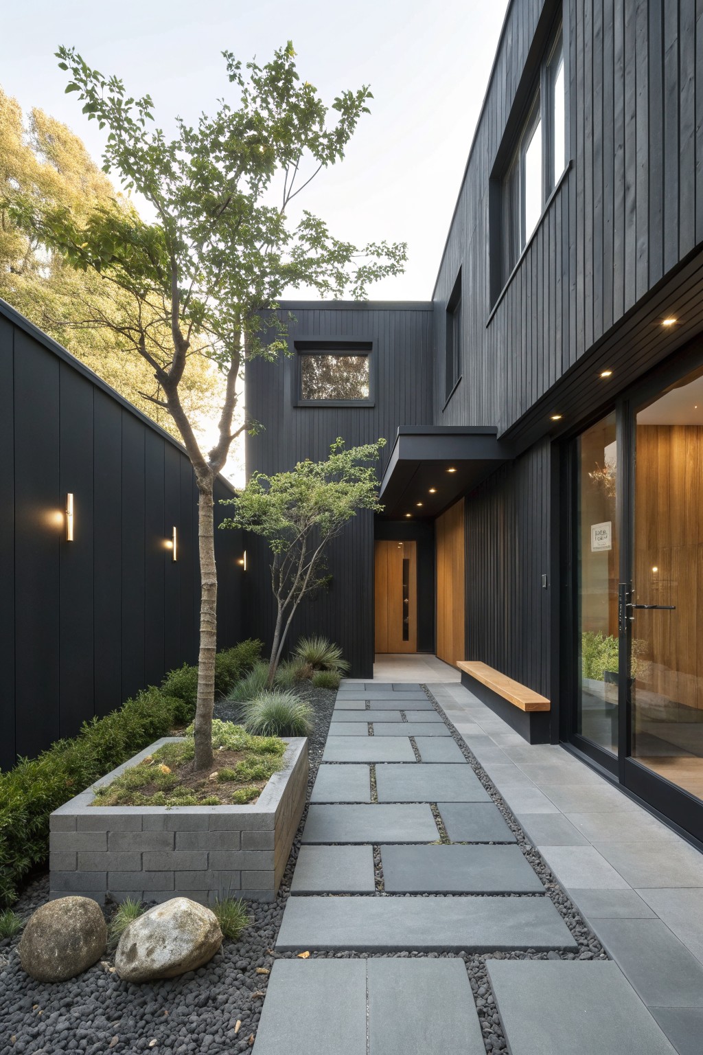 Modern black house with stone pathway, trees, rocks, and landscaped courtyard entrance.