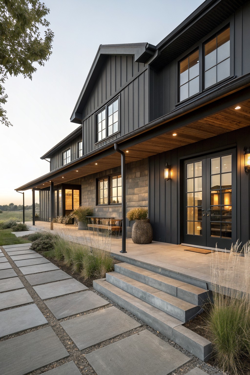 A dark gray farmhouse exterior with black windows, doors, and trim, a covered porch with wood ceiling, concrete steps, and a stone pathway leading to the entrance.