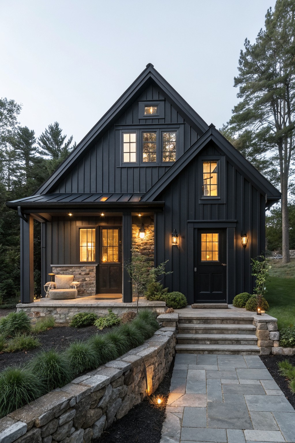 A black two-story farmhouse with a stone foundation, gabled roof, lit windows, and a covered porch at dusk.