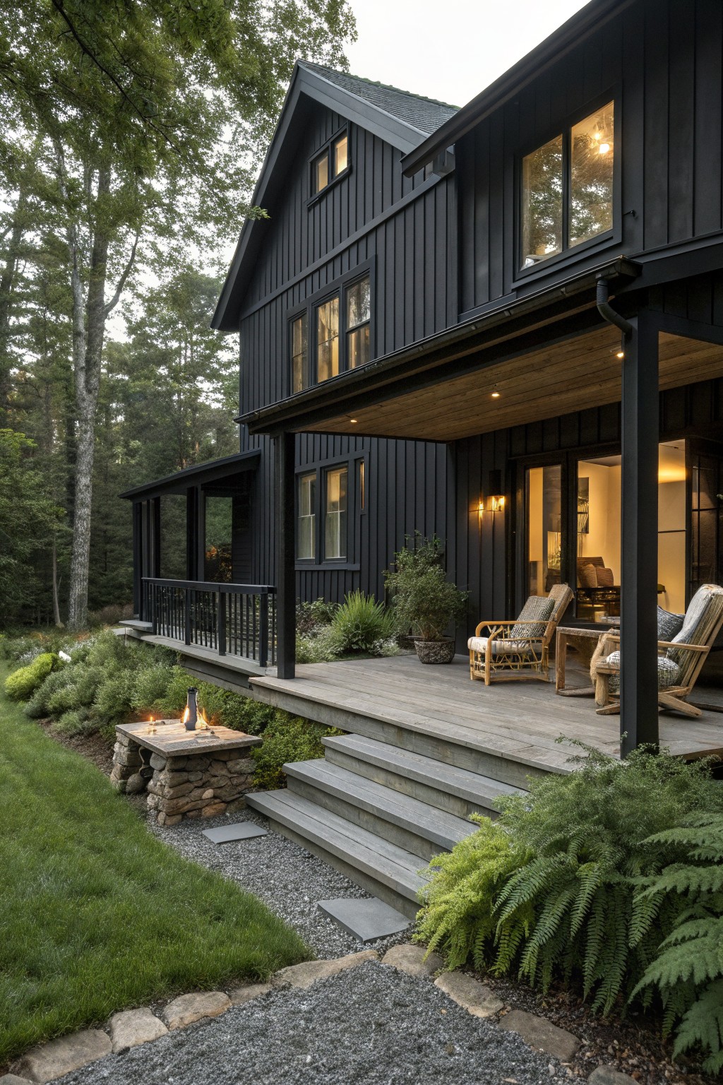A black farmhouse exterior with a large wooden deck, outdoor seating, steps, and a stone fire pit area set in the landscaping.
