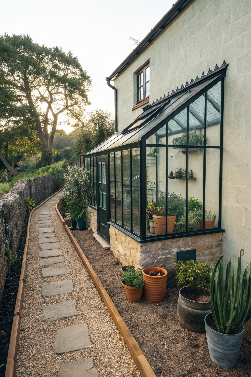 A stone house exterior with a black-framed greenhouse attached, potted plants at the base, and a gravel path with stepping stones leading alongside.