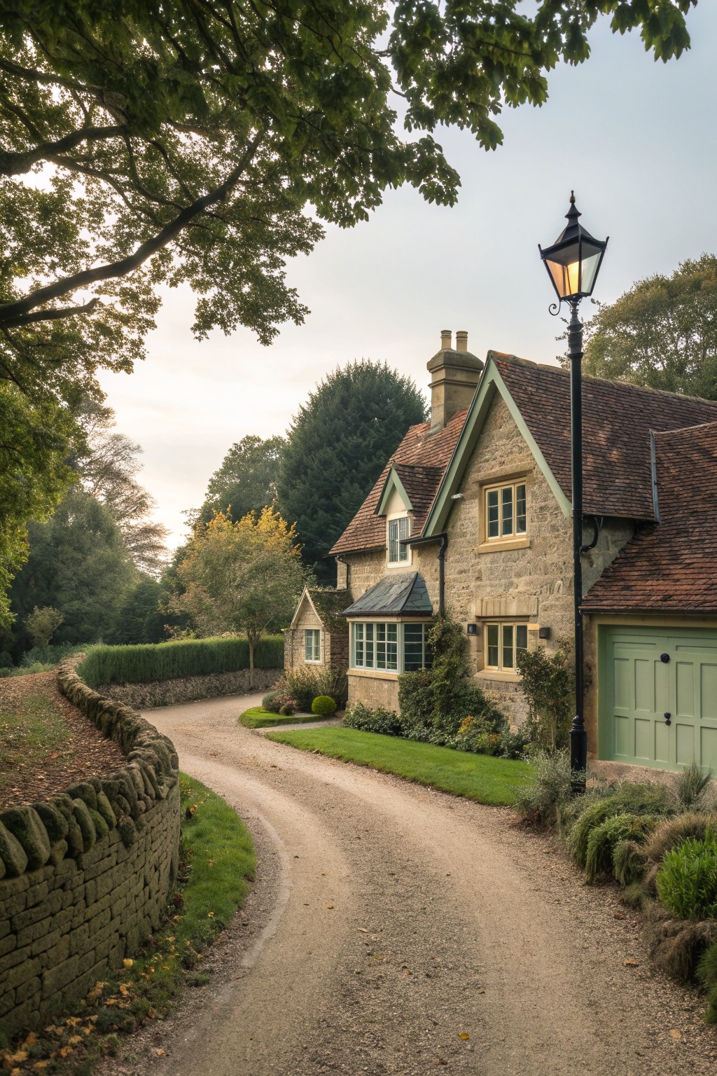 Stone cottage beside winding gravel path with lit black lamppost and green door