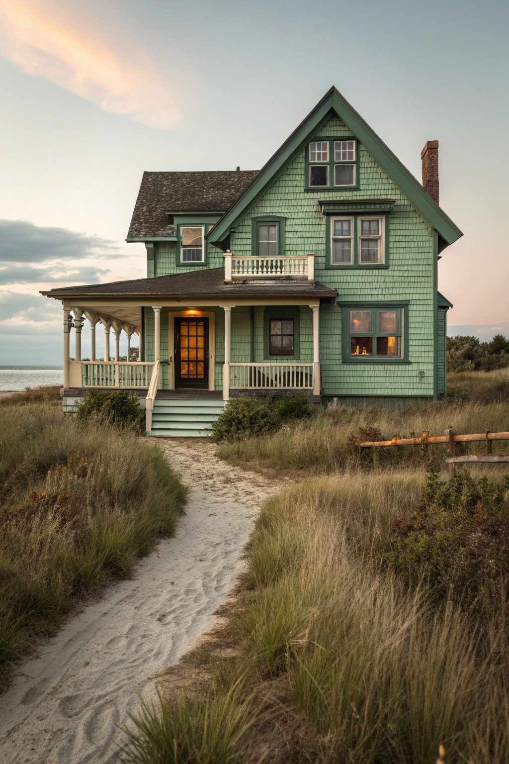A mint green Victorian farmhouse with white trim, a covered front porch, and a sandy path leading through grass to the door, near the water at dusk.