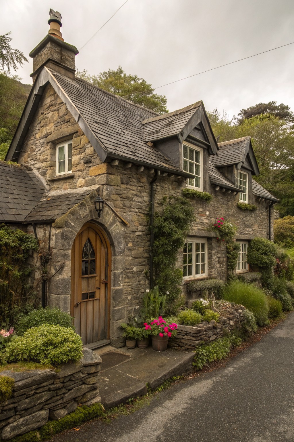 A stone cottage with an arched wooden front door, slate roof, multiple windows, and potted flowers beside a paved road.