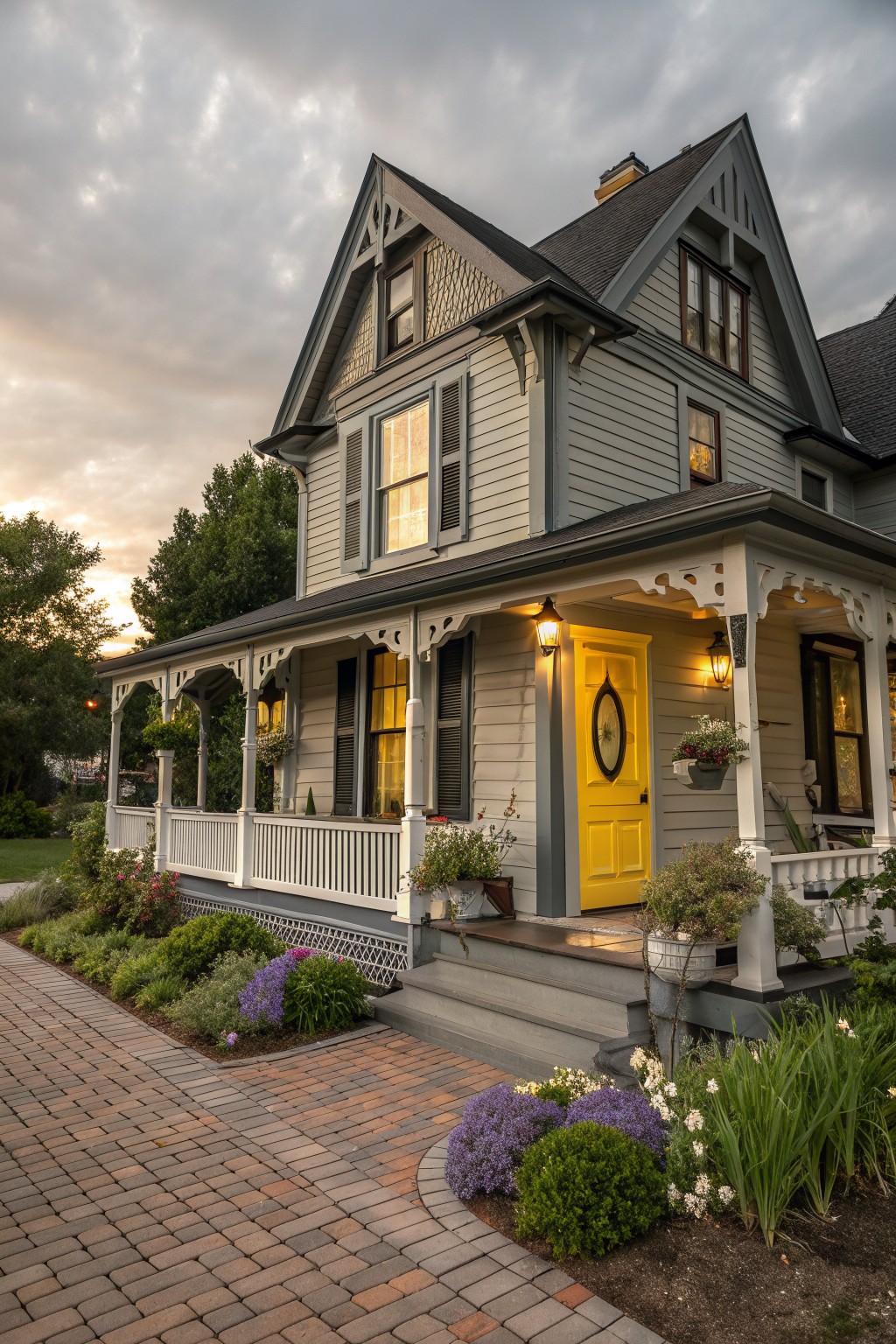 Gray Victorian house with yellow door, lit porch, flowers, and brick walkway