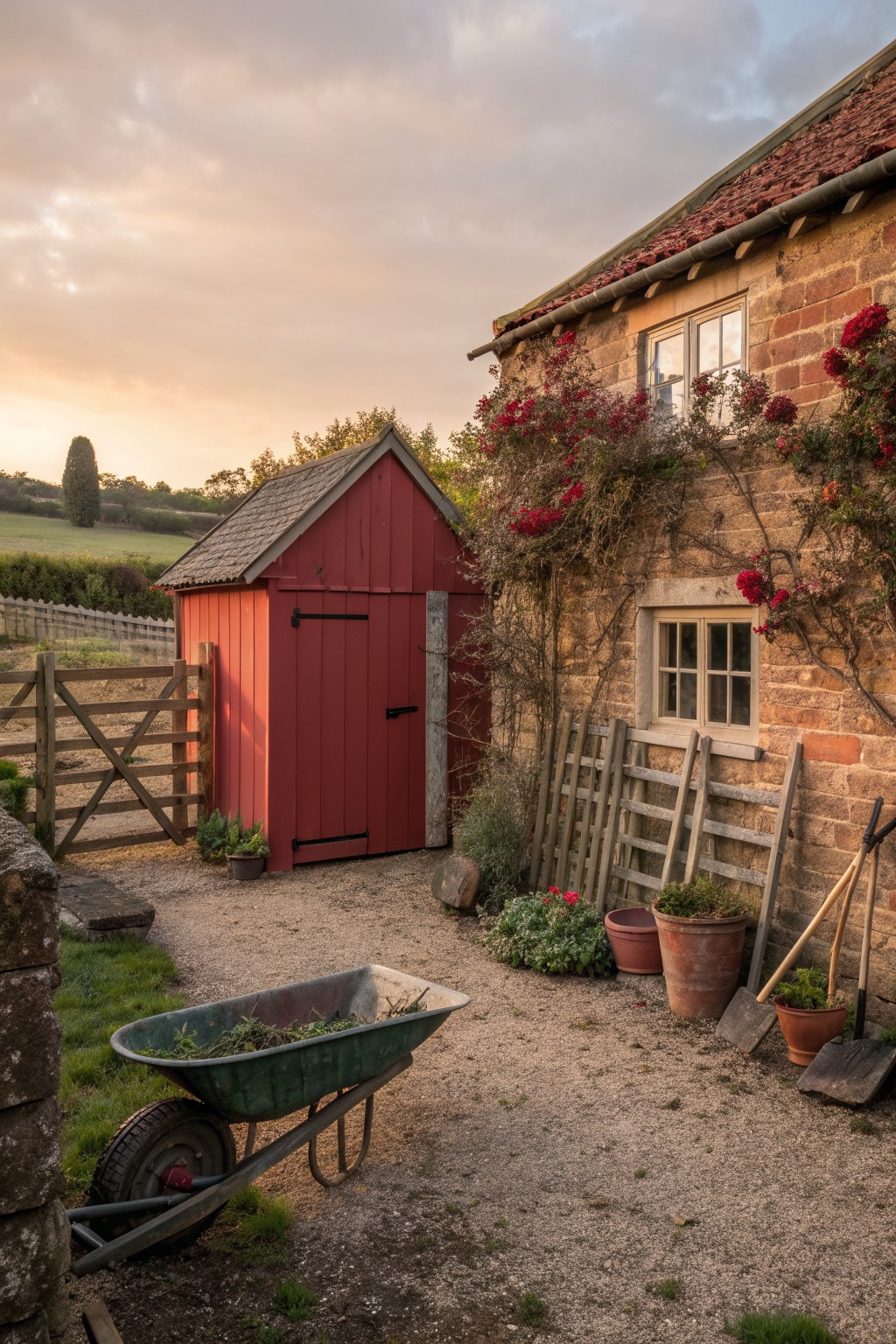 A red wooden shed next to a stone farmhouse with red roses climbing the walls, a wheelbarrow on the gravel path in front.