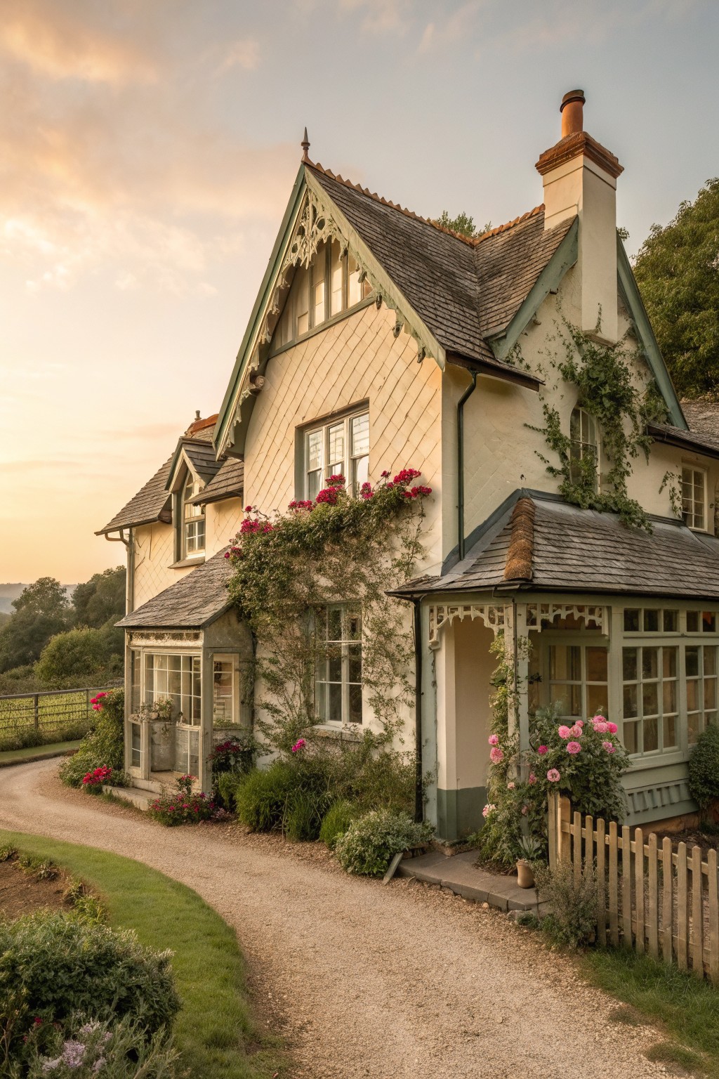 A light-colored Victorian cottage exterior with green trim, slate roof, and pink climbing roses growing along the walls and windows.