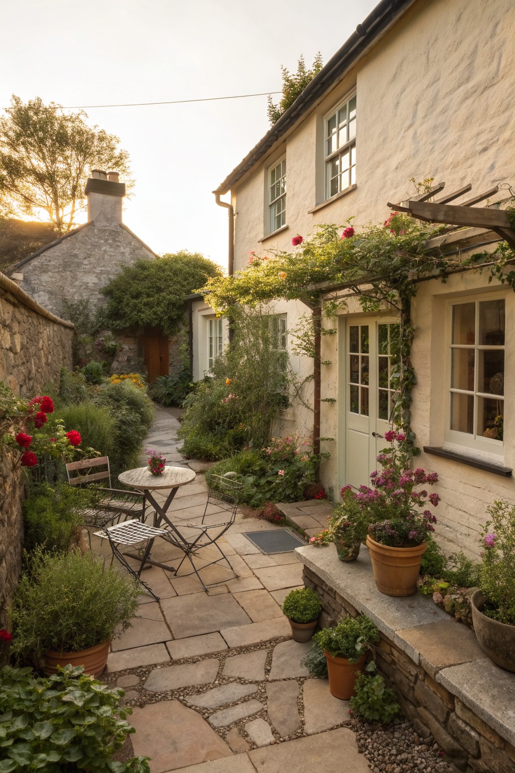 Sunlit stone courtyard with potted flowers, bistro table, and rose-covered cottage pergola.