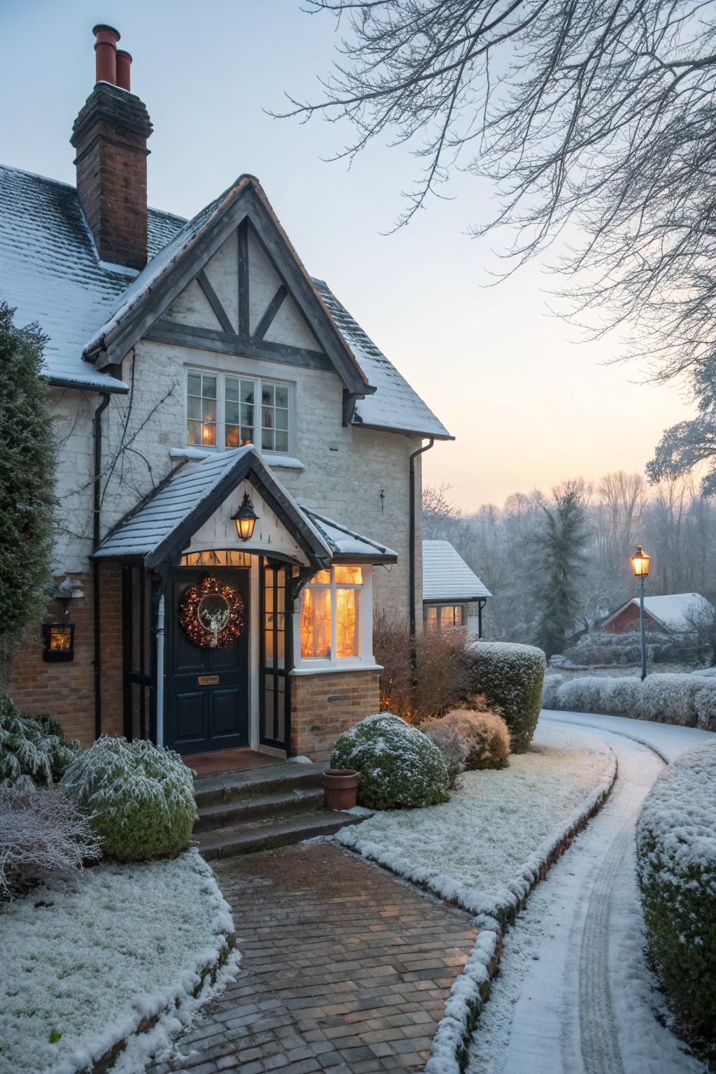 Snow-covered Tudor cottage with glowing windows, wreath on door, and snowy path at dusk