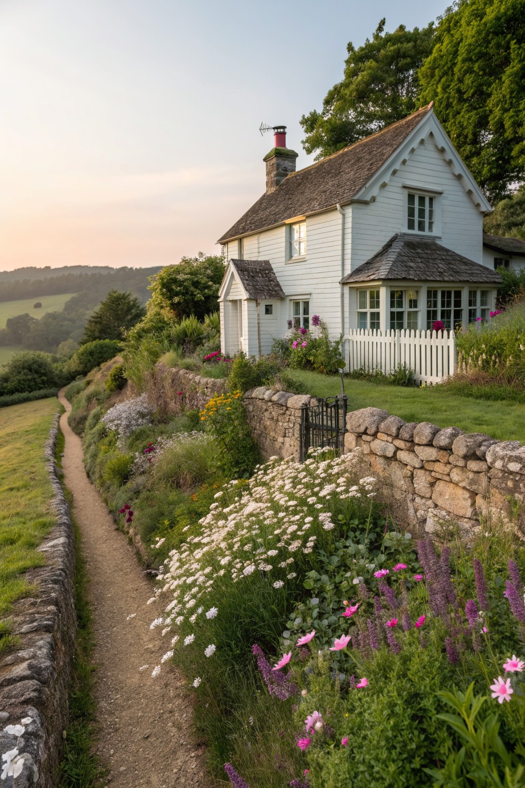 White thatched cottage amid colorful wildflowers along a winding dirt path