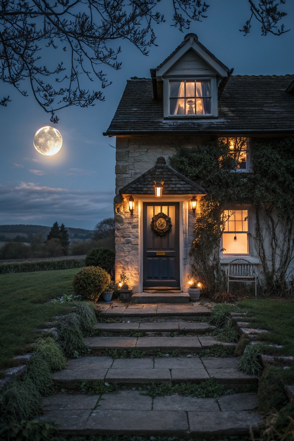 A stone cottage at night with a dark blue door, wreath, and lit lanterns on either side of the entrance, plus stone steps leading up from a garden path.