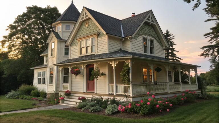 23 Romantic Victorian Farmhouse Cottage Exteriors for Quaint Rural Homes A light-colored Victorian cottage exterior with green trim, slate roof, and pink climbing roses growing along the walls and windows.