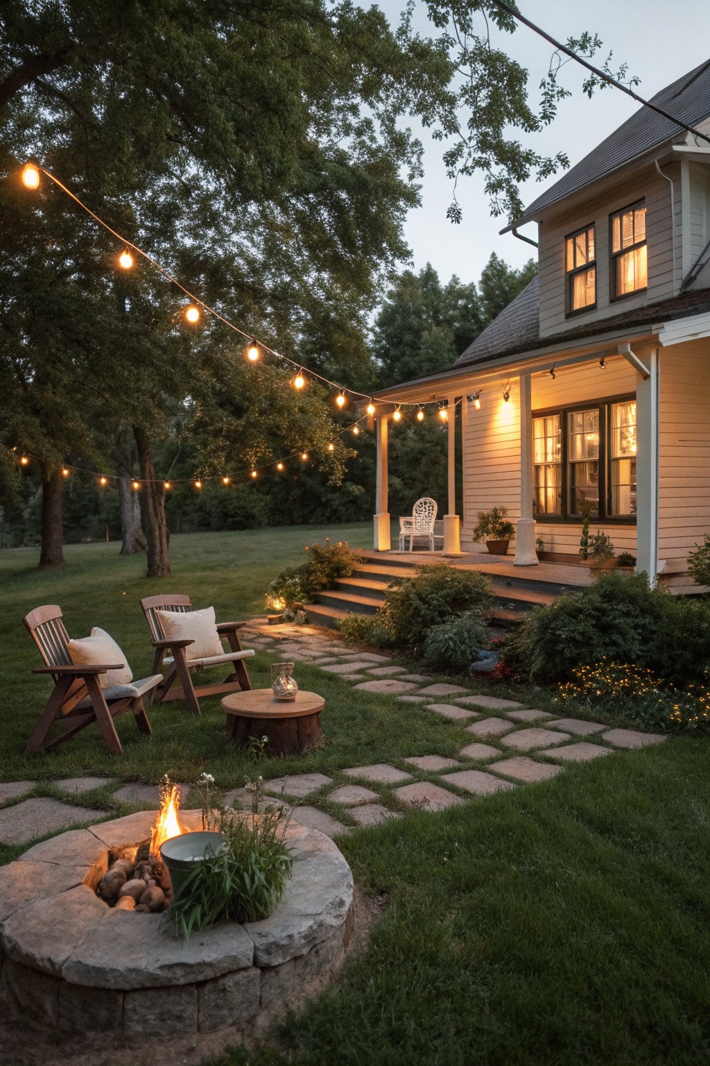 A stone fire pit with two wooden chairs on the grass, string lights overhead, and a two-story house with a porch visible behind a stone path.
