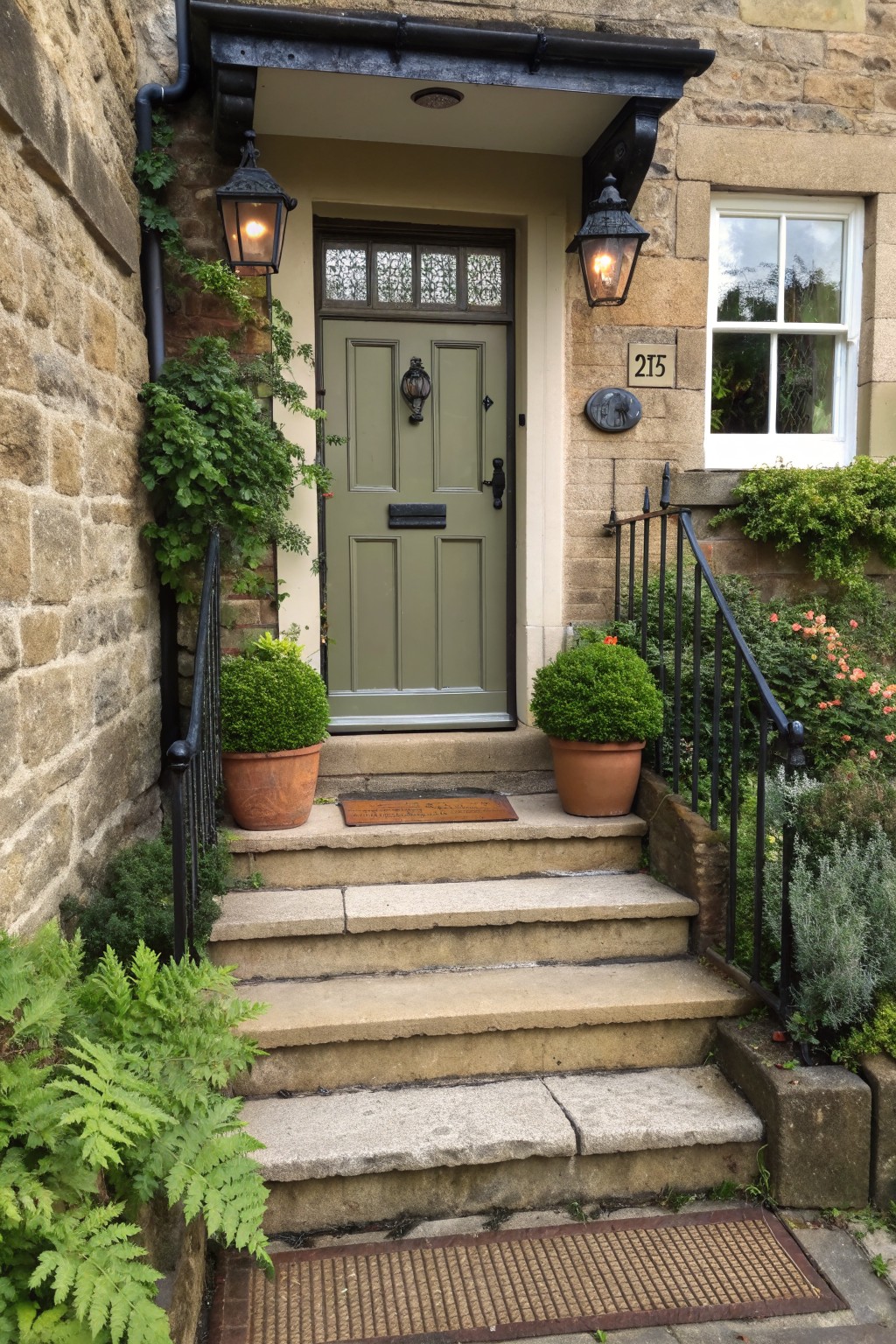 A green front door on a stone house entrance with black lanterns on both sides, two potted shrubs on the steps, and a small doormat.