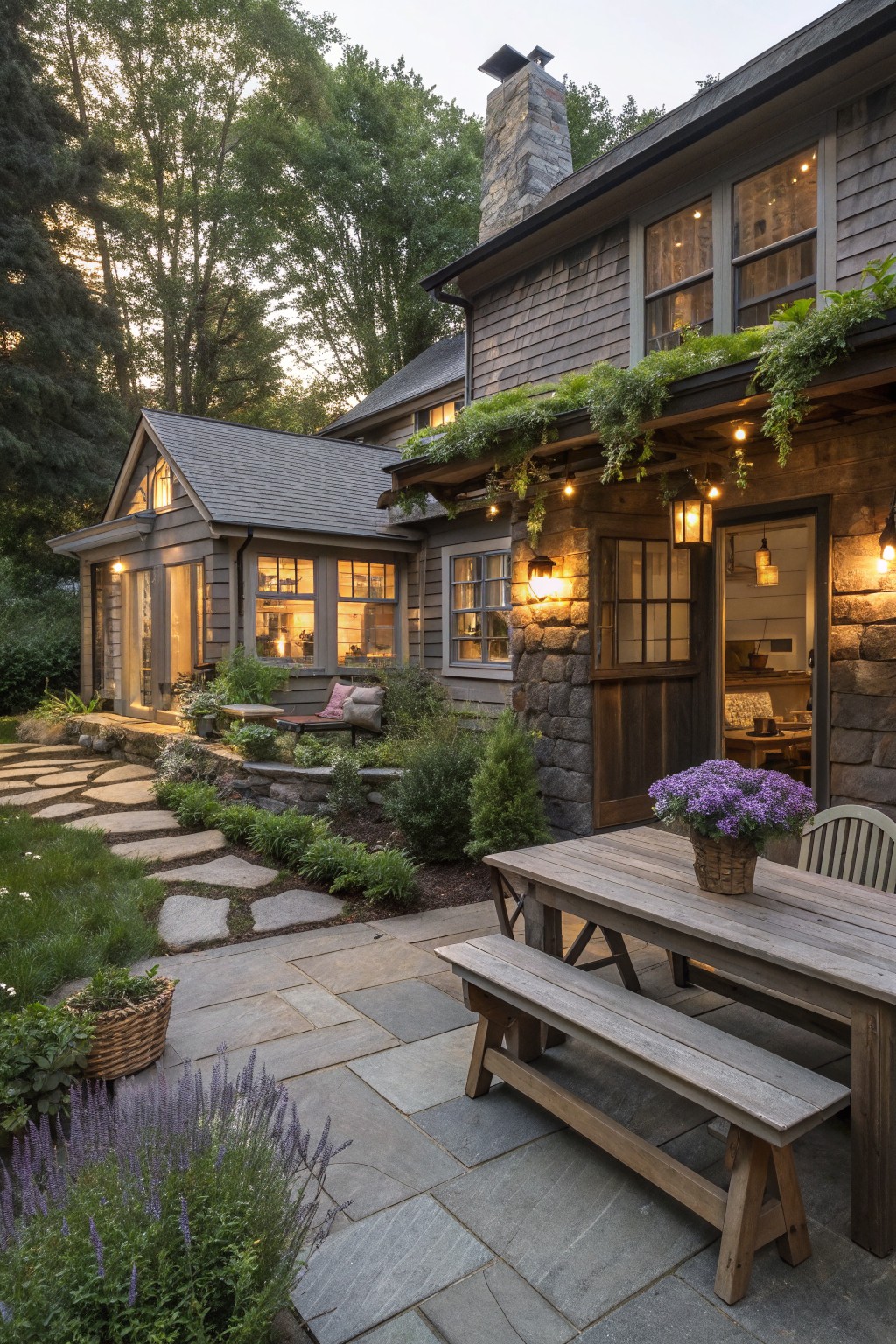 A wooden table with benches on a stone patio beside the entrance of a shingled house with stone details.